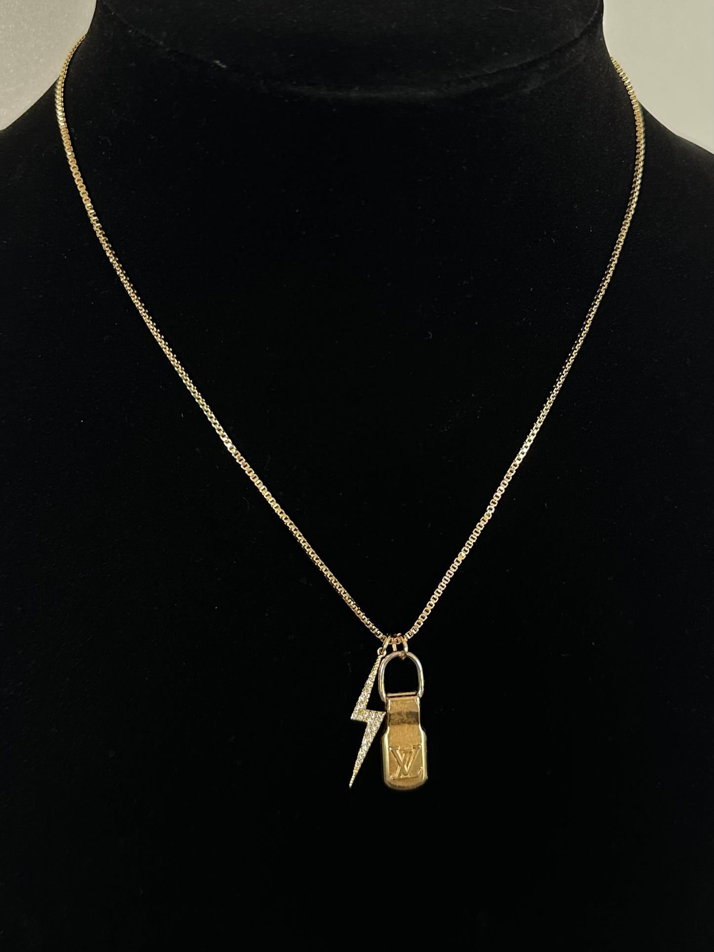 Tag Necklace with Lightning Bolt Charm & 14K Gold Box Chain