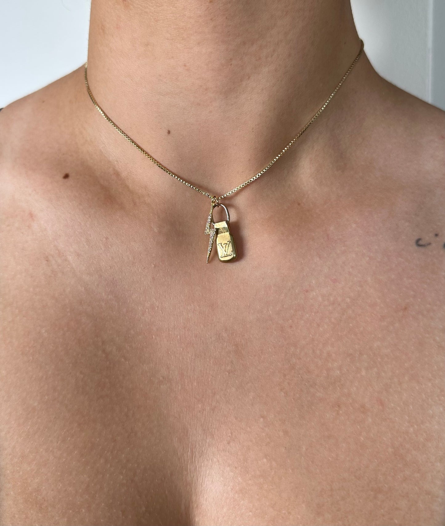 Tag Necklace with Lightning Bolt Charm & 14K Gold Box Chain