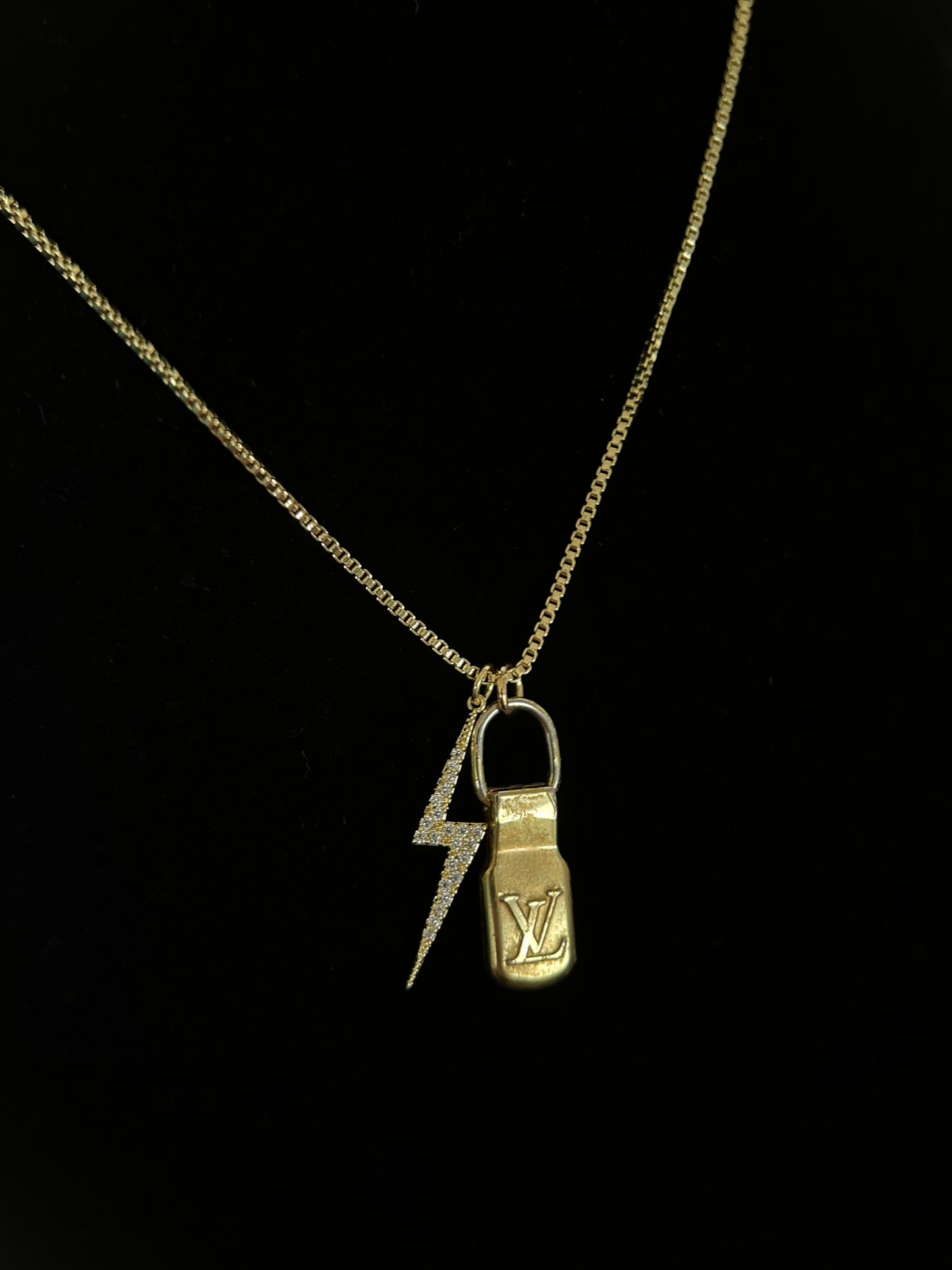 Tag Necklace with Lightning Bolt Charm & 14K Gold Box Chain