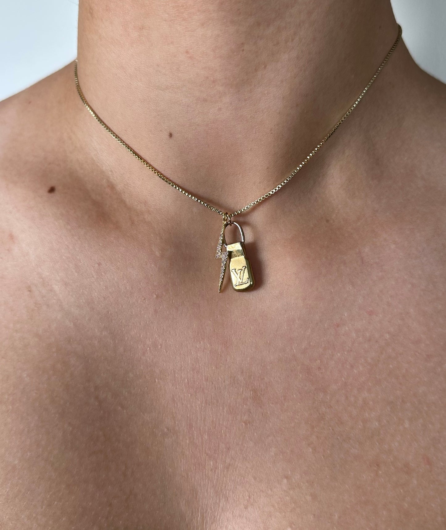 Tag Necklace with Lightning Bolt Charm & 14K Gold Box Chain